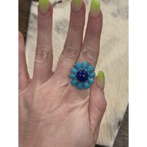 Elizabeth Adams Sterling Silver Turquoise Lapis Flower Cluster Prong Set Ring 7
